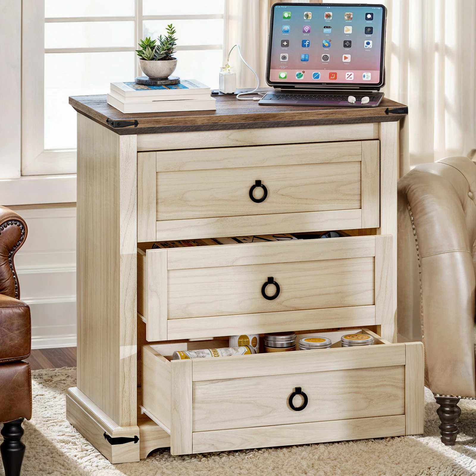 Farmhouse Nightstand with Charging Station & 3 Dra